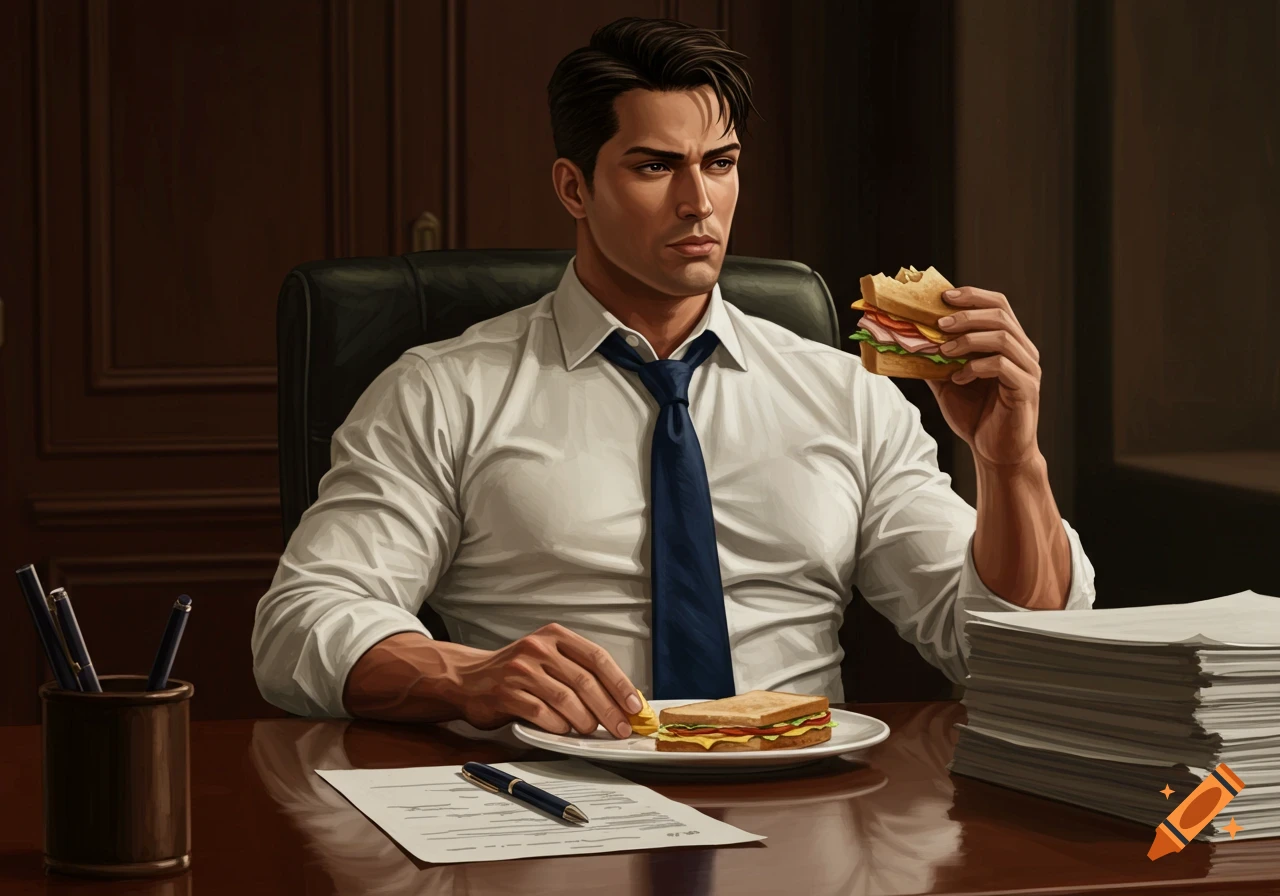 A digitally painted muscular man in a white business shirt and blue tie sits at a desk, eating a sandwich in an office.