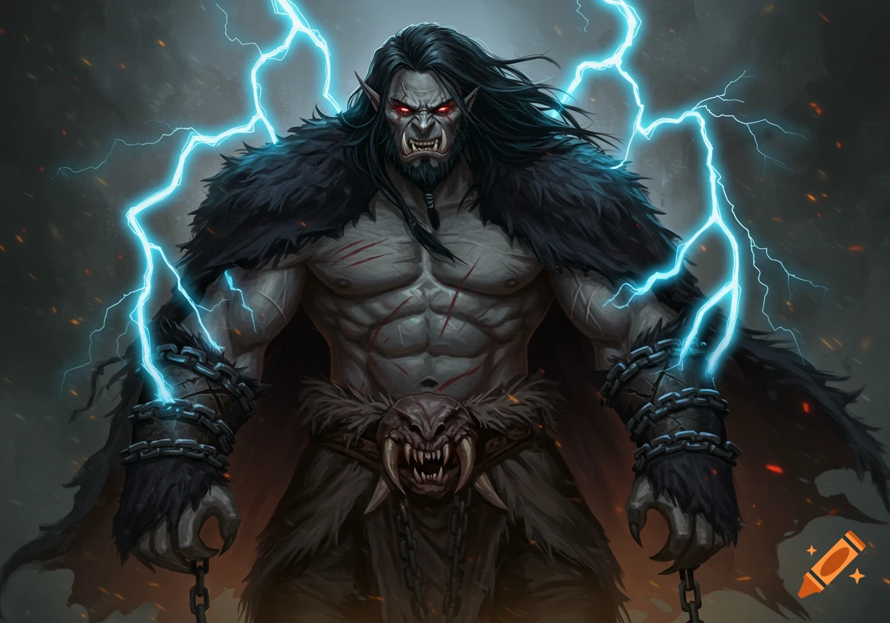 Muscular grey half-orc with long black hair, red eyes, fangs, and scars, surrounded by blue lightning, wearing a fur cloak and chains, digital painting.