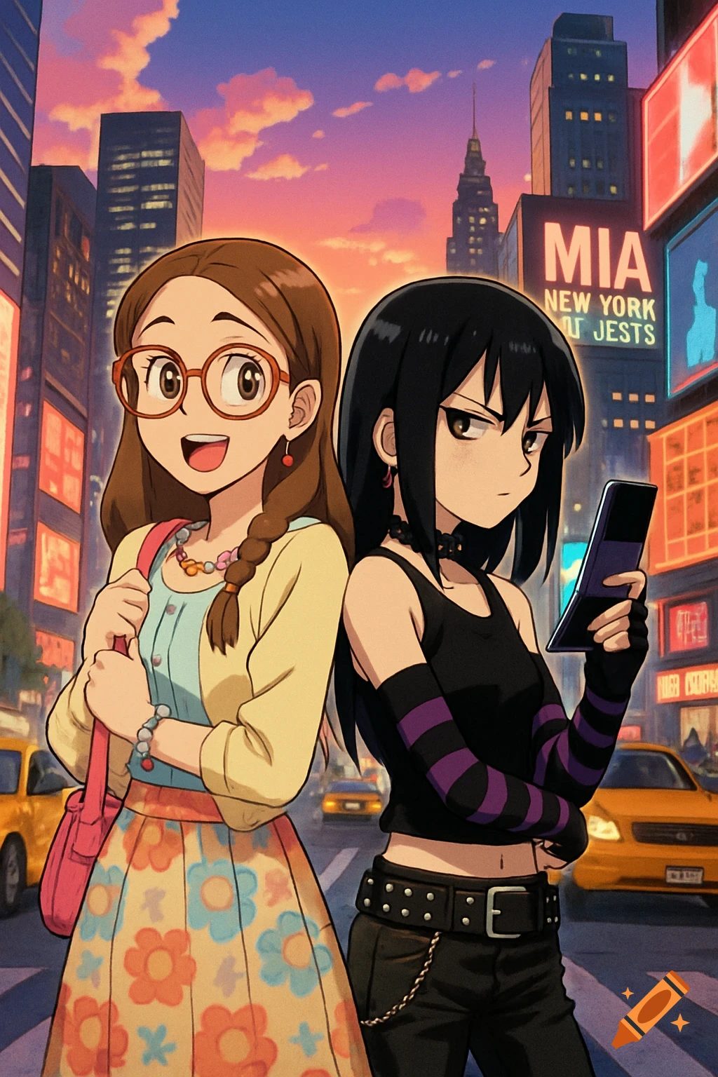 Anime style illustration of a nerdy girl and an emo girl in a city setting at sunset.