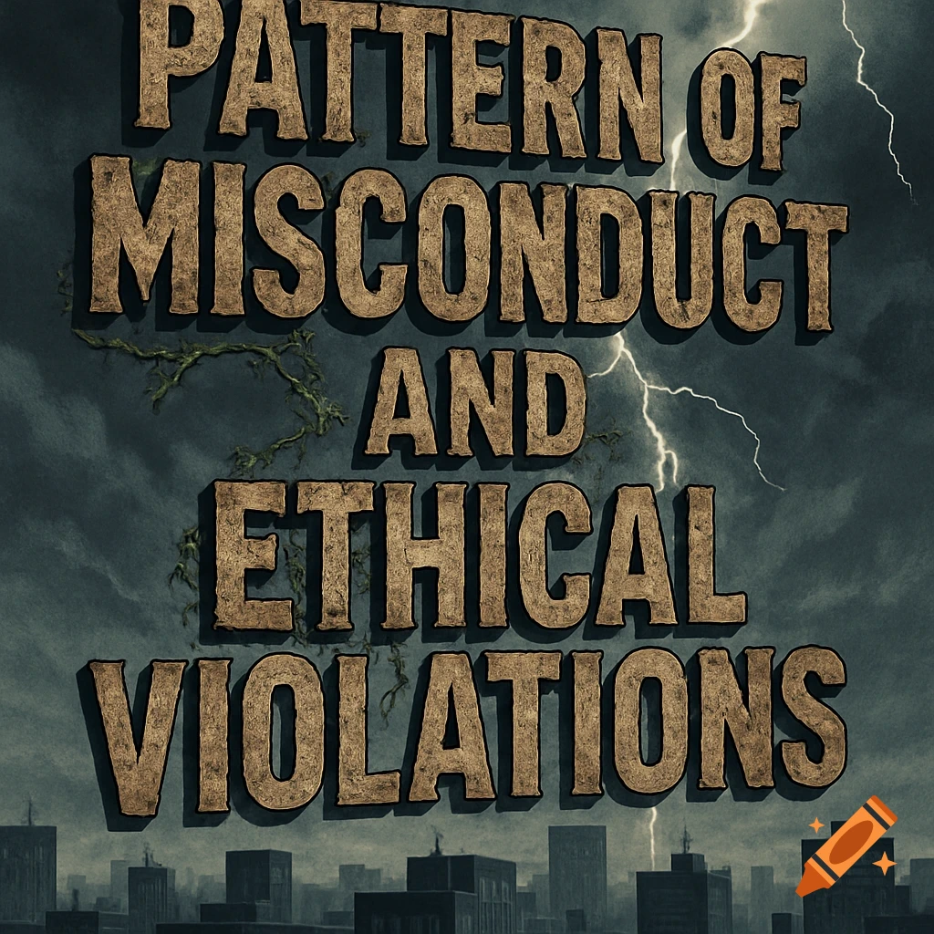 Bold, textured text 'PATTERN OF MISCONDUCT AND ETHICAL VIOLATIONS' against a dark, stormy sky with lightning over a city skyline.