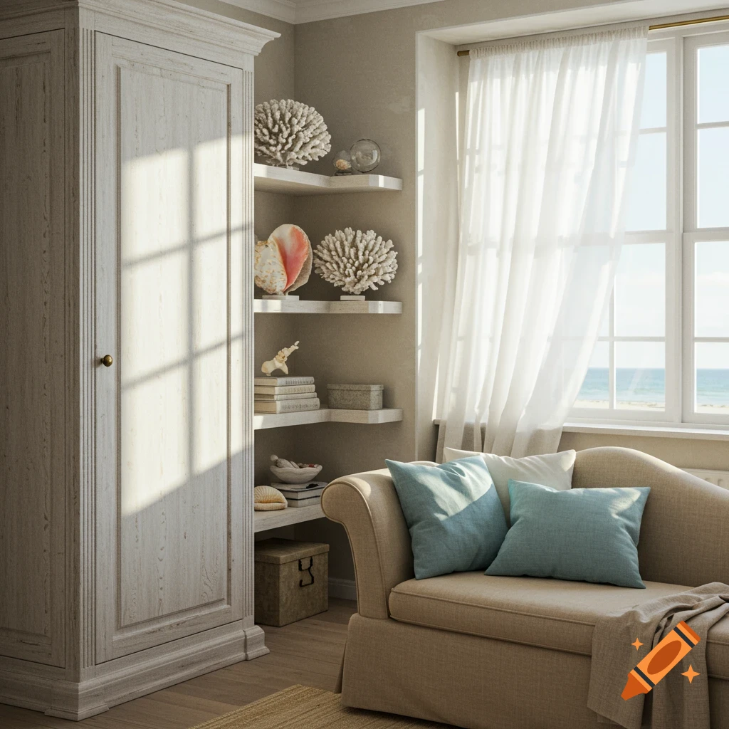 Bright coastal-style room with a white wardrobe, a beige chaise lounge, and shelves displaying coral, with an ocean view window.