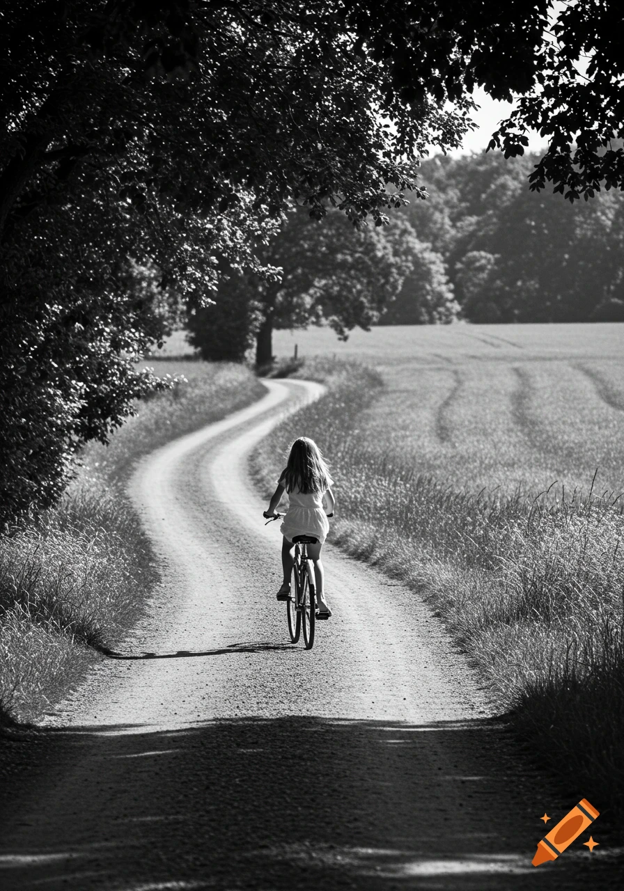Black and white photo of a young girl riding a bicycle down a winding dirt road through rural fields.