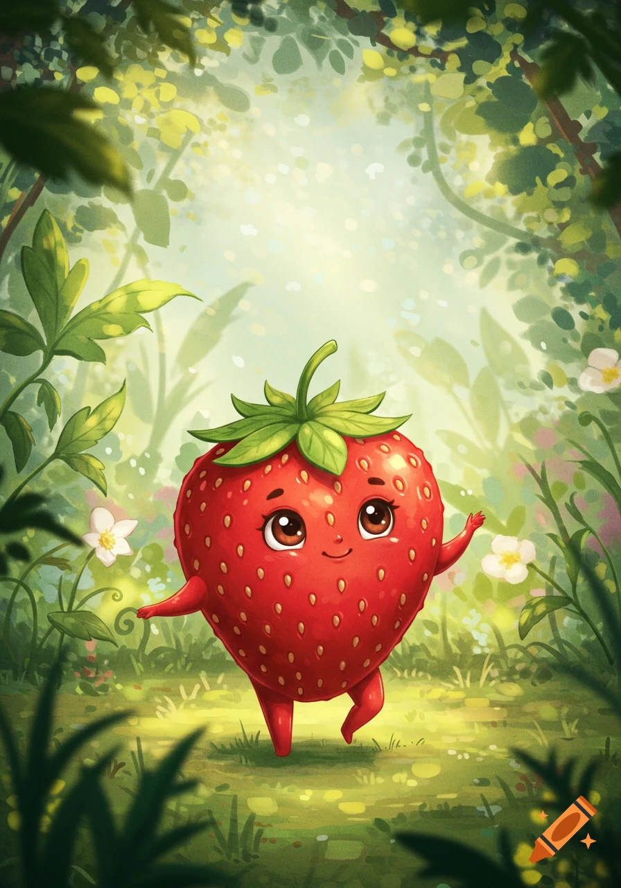 A cute, smiling cartoon strawberry with arms and legs stands in a bright, sun-dappled forest.