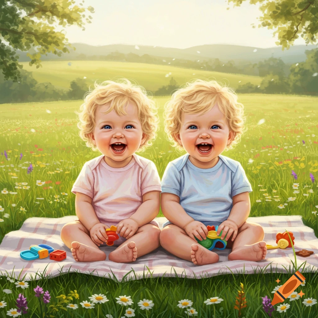 Two happy babies with curly blond hair sitting on a blanket in a vibrant green field with flowers and trees.