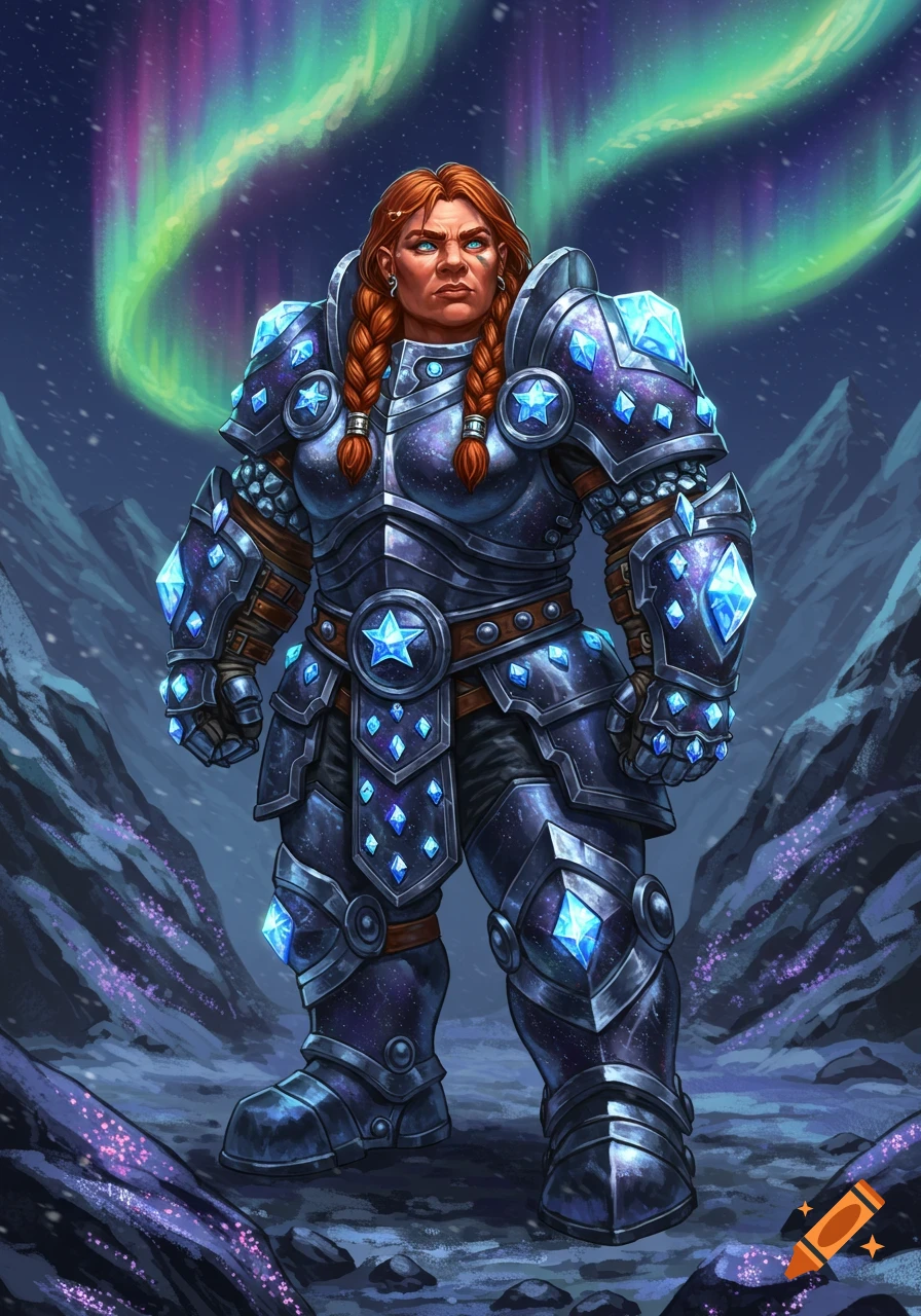 A female dwarf warrior in elaborate, star metal armor adorned with glowing blue gems stands under the aurora borealis.