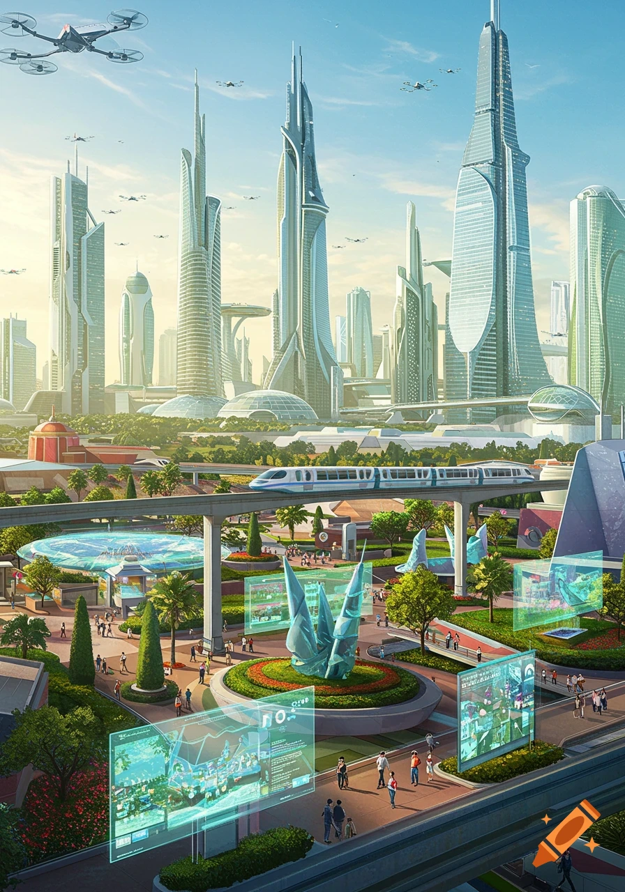 A vibrant, futuristic city with sleek skyscrapers, a monorail system, and flying drones under a clear sky.