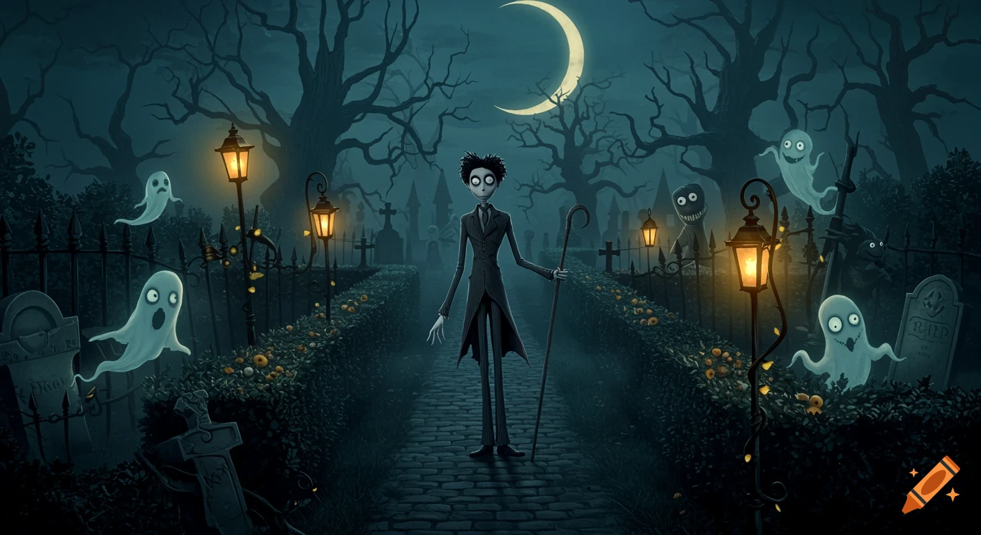 A tall, slender, Tim Burton-style character with spiky hair stands in a spooky graveyard with glowing lampposts, floating ghosts, and a crescent moon.