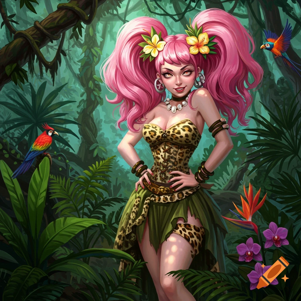 A woman with pink pigtails and a leopard print outfit poses in a lush jungle with colorful birds.