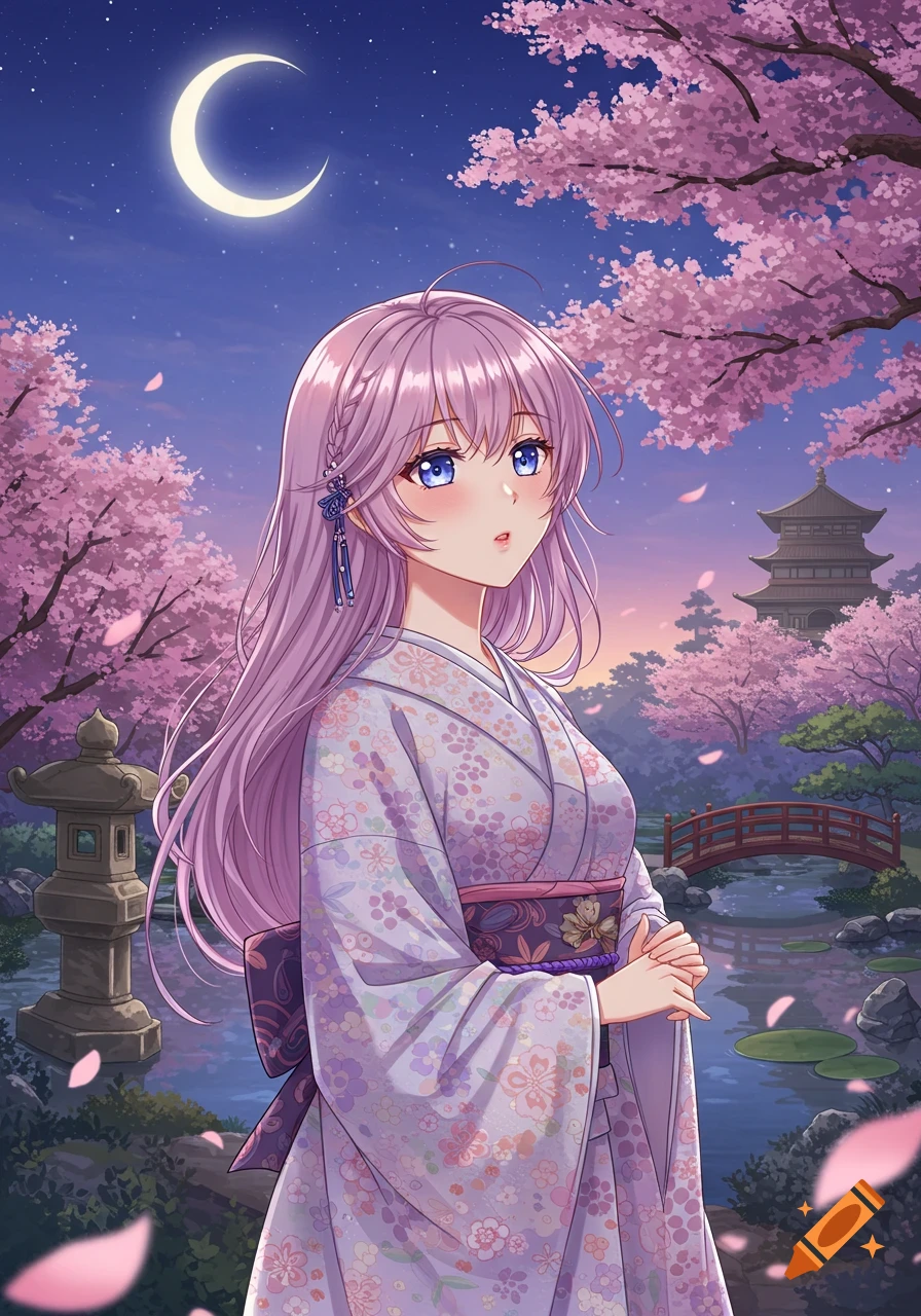 Anime woman in a lavender kimono stands in a moonlit Japanese garden with pink cherry blossoms, a temple, and a pond.