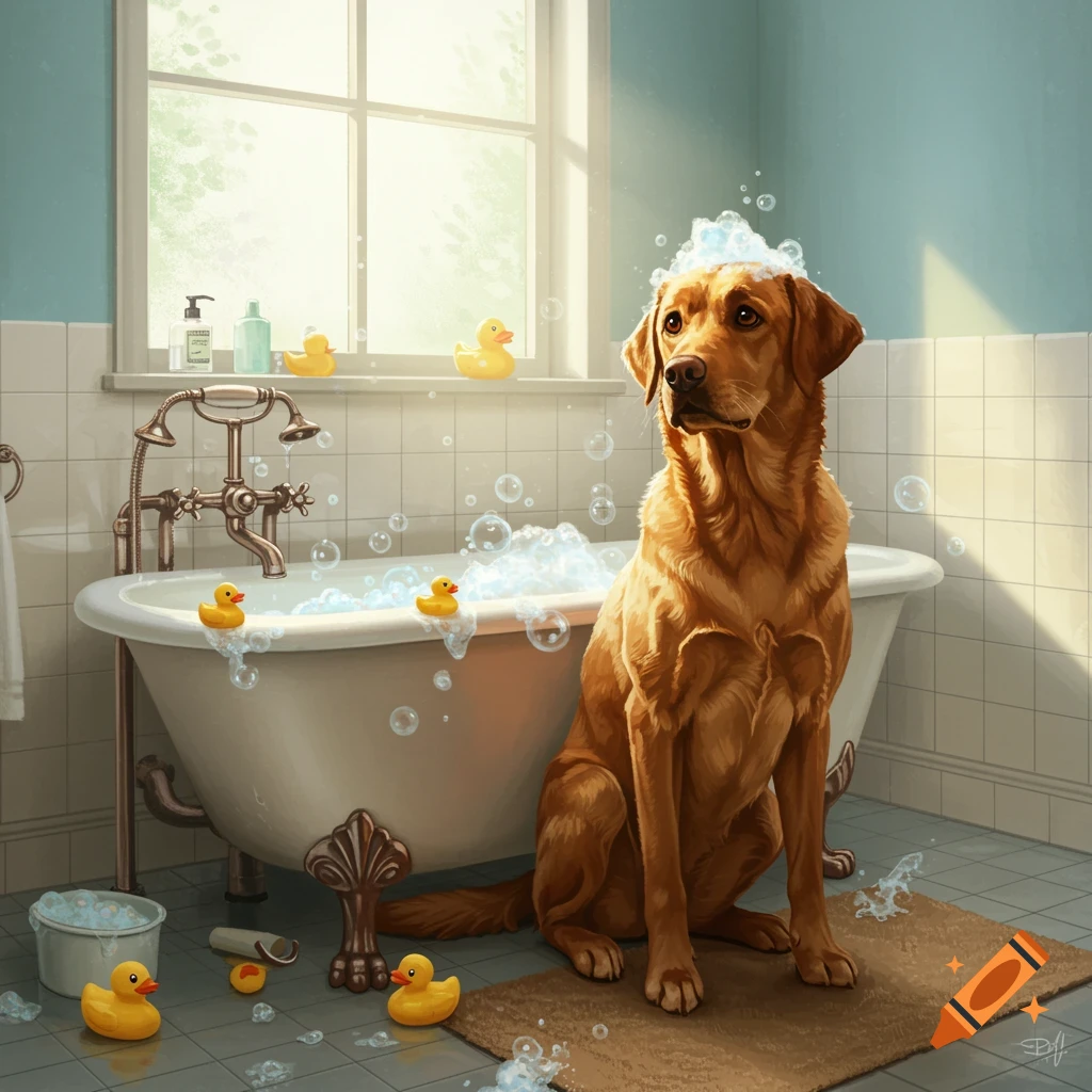 A ginger Labrador dog sits beside a bubbly bathtub with rubber ducks in a sunlit bathroom.