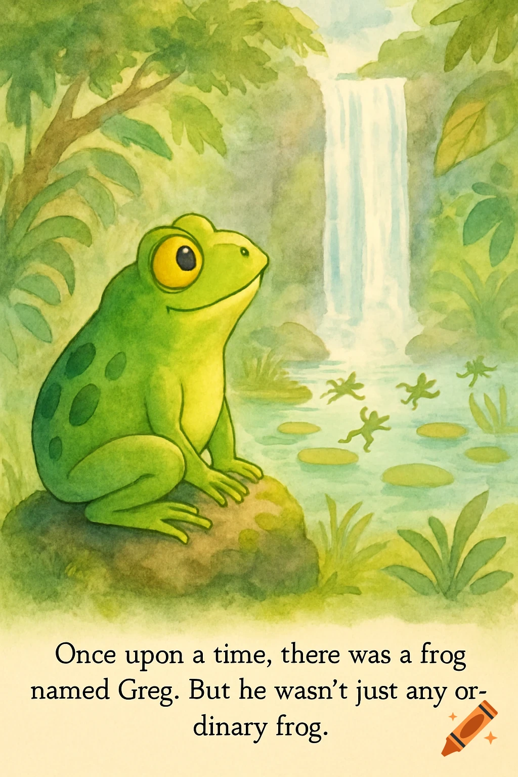 A friendly green frog with large yellow eyes sits on a mossy rock, gazing at a tall waterfall in a lush, whimsical watercolor rainforest.