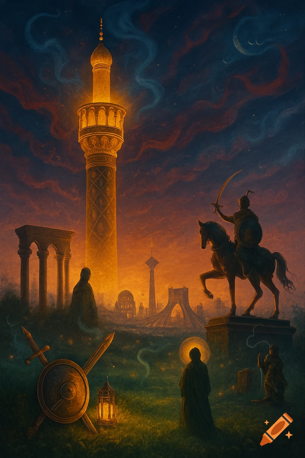 A fantastical, glowing minaret at twilight, with a warrior on horseback, cloaked figures, and a city skyline featuring Tehran's Azadi and Milad towers.