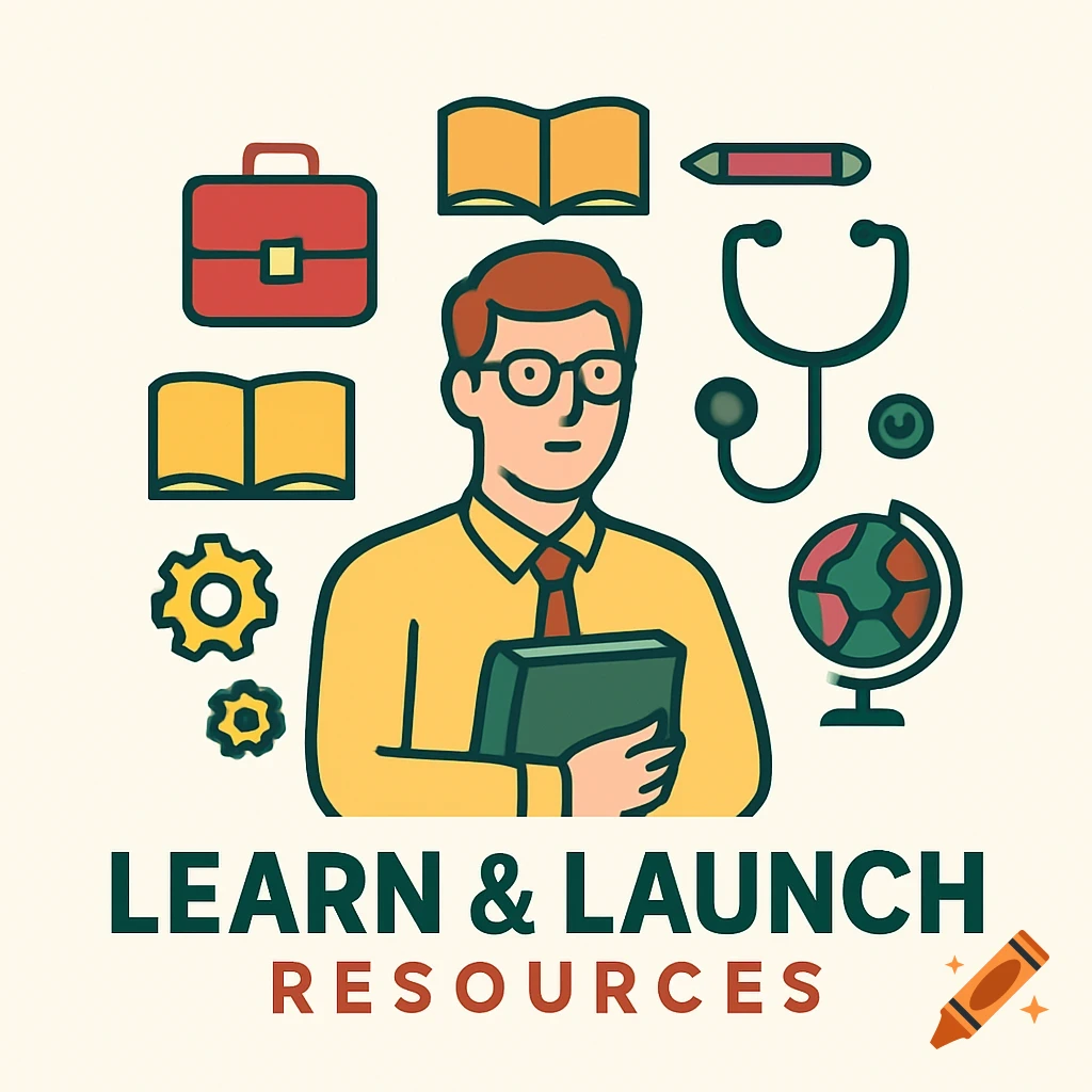 A stylized logo featuring a teacher figure surrounded by educational and professional clip art, with the text "LEARN & LAUNCH RESOURCES" below.