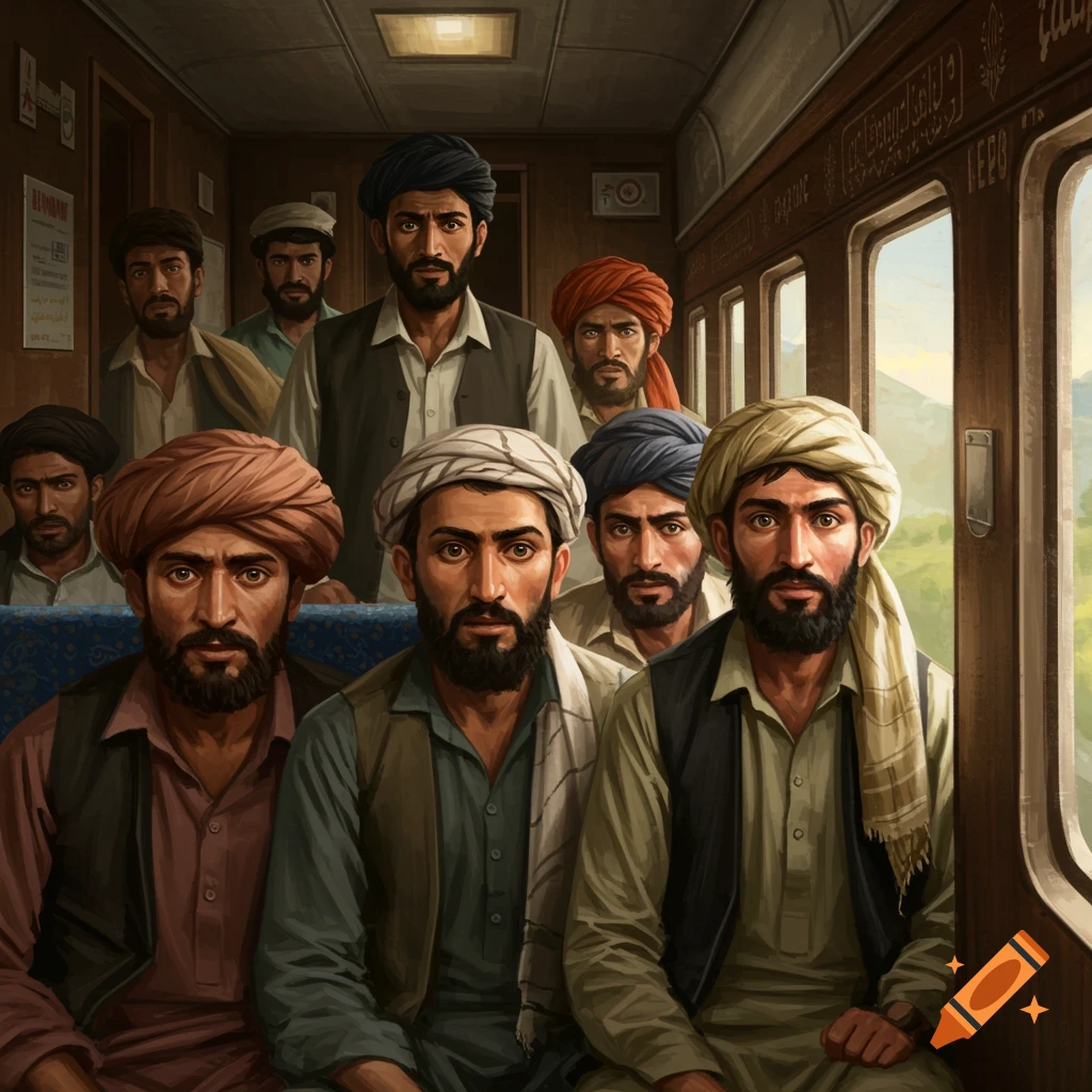 A group of men with beards and turbans look directly forward from inside a train car, with a window showing a landscape.