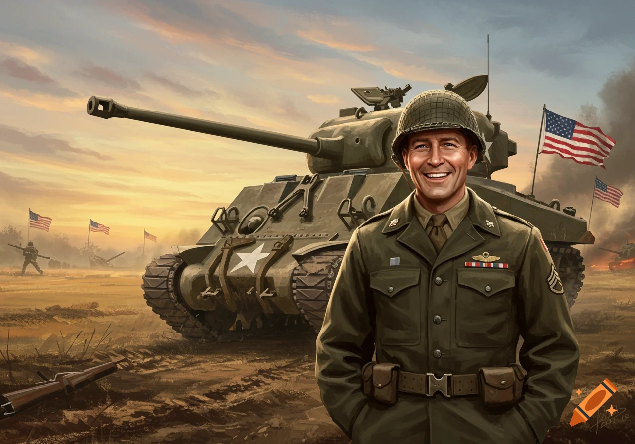 An American soldier smiles in front of a tank and US flags in a battlefield at sunset.