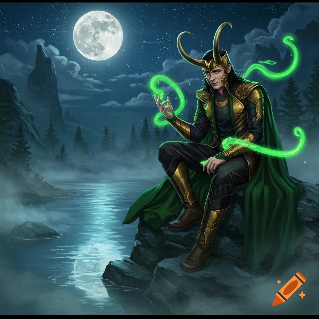 Loki, in his green and gold armor, sits on rocks by a moonlit lake at night, conjuring green magic. Illustrated.
