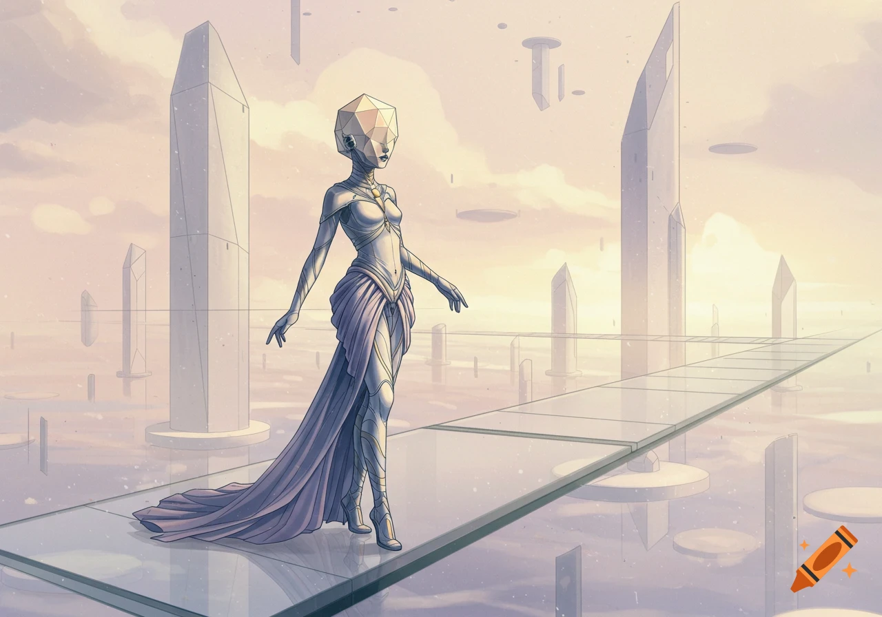 Elegant figure with geometric head on a glass bridge over futuristic towers, in a surreal, pastel-toned Moebius style.