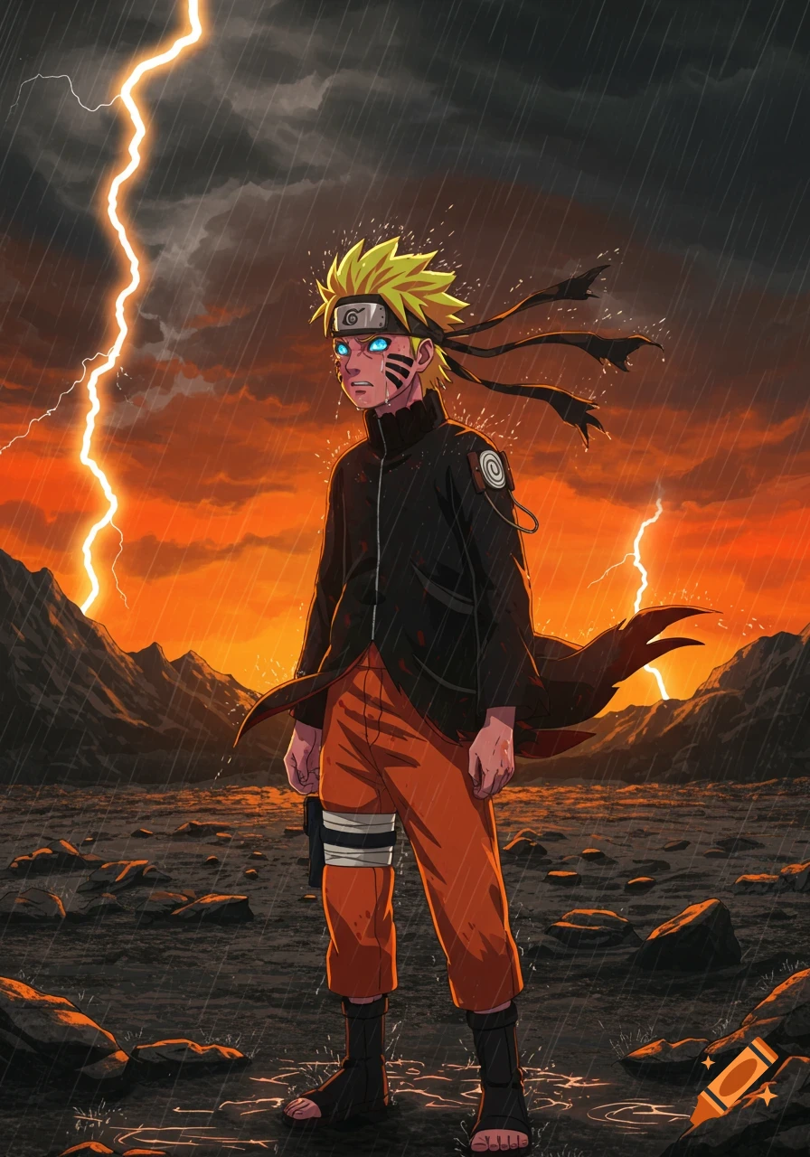 Naruto stands upset in heavy rain, illuminated by bright lightning strikes over a mountainous, stormy landscape in a dramatic anime style.