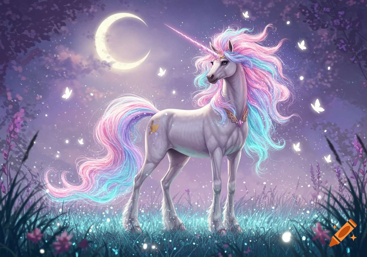 A majestic white unicorn with a vibrant pink, blue, and purple mane stands in a glowing moonlit fantasy field.