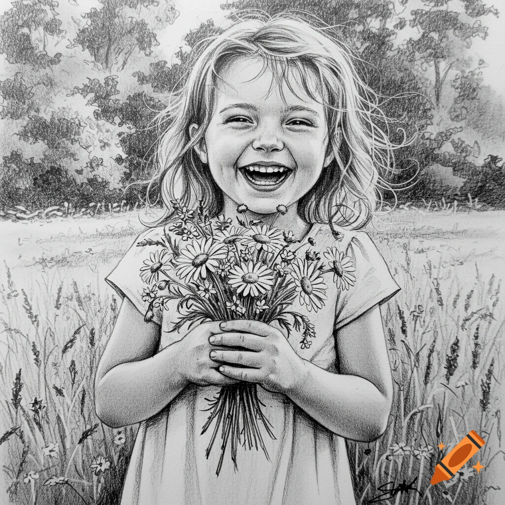 Black and white sketch of a happy young girl holding a bouquet of daisies in a field.