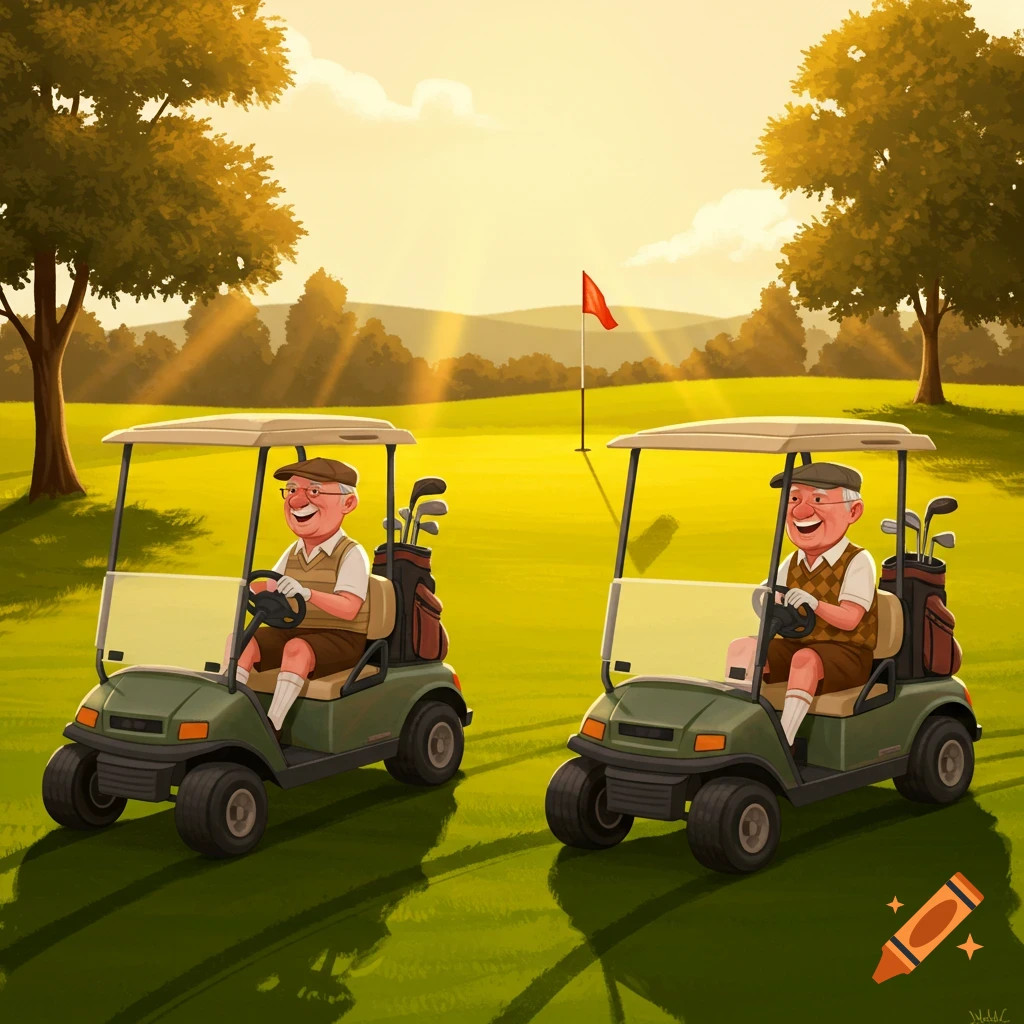 Two smiling old men in golf carts on a sunny golf course, in a cartoon illustration style.