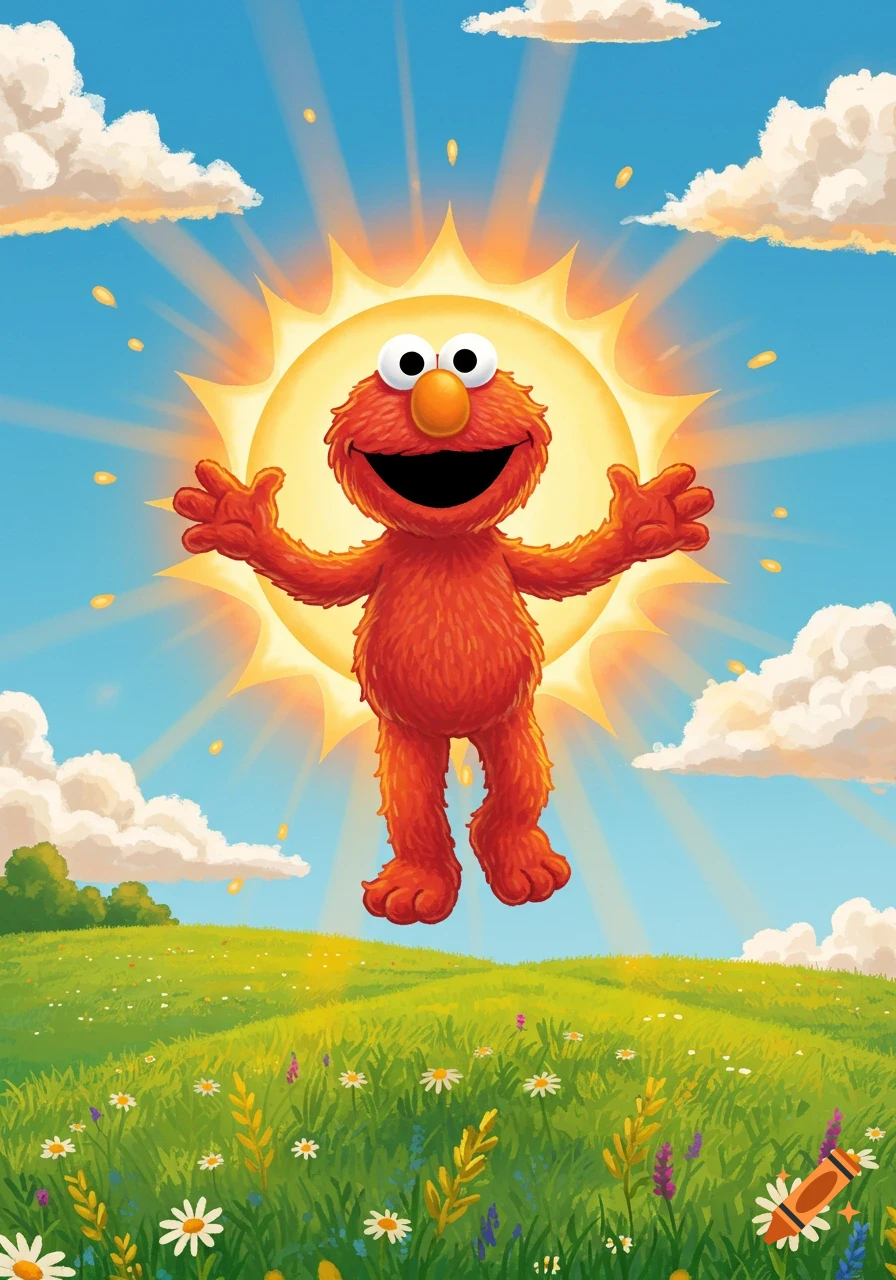 A cheerful Elmo, with outstretched arms, is depicted as the bright sun radiating light over a vibrant green field with flowers under a blue sky.
