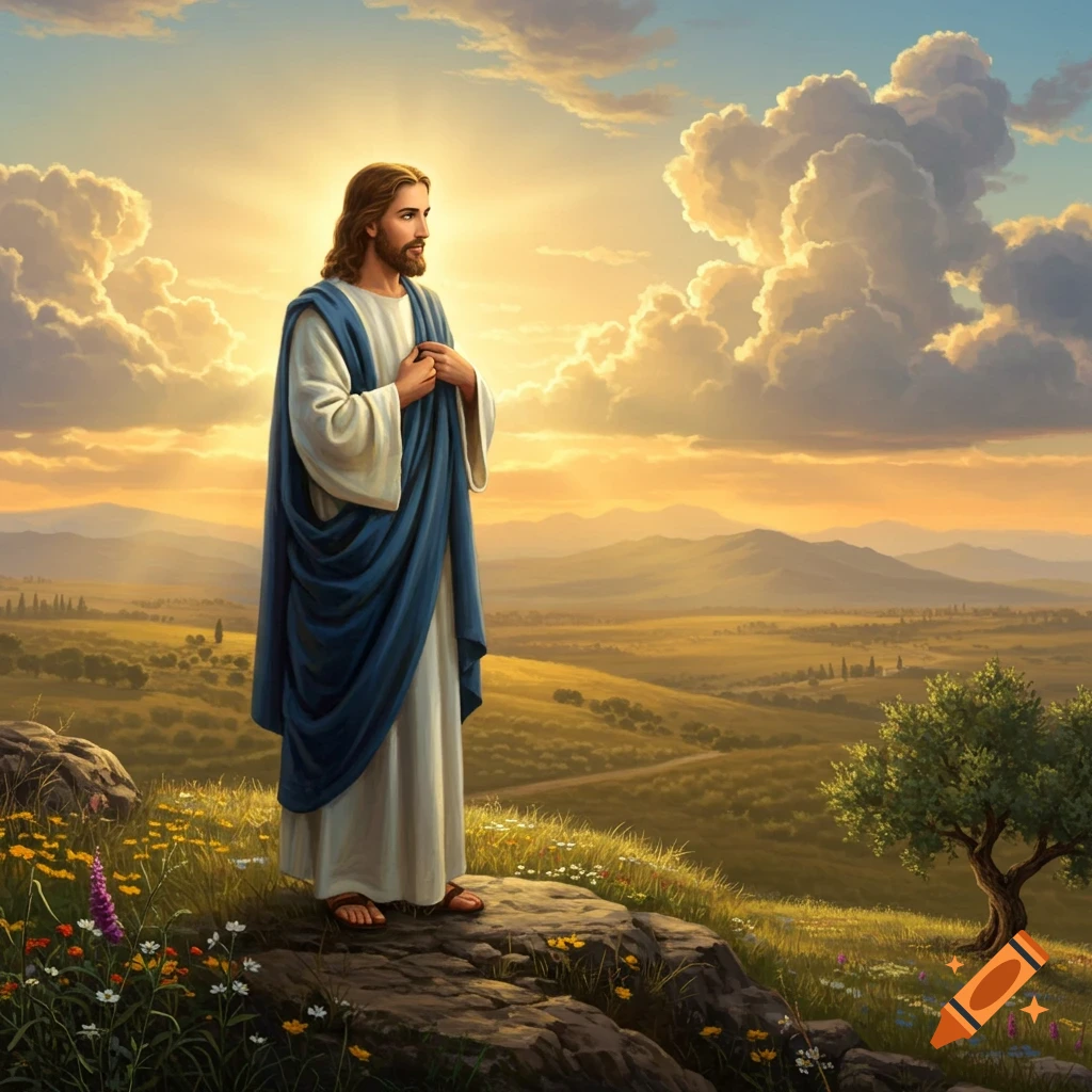 Jesus Christ stands on a rocky outcrop overlooking a vast, sunlit landscape with rolling hills and a vibrant sky.
