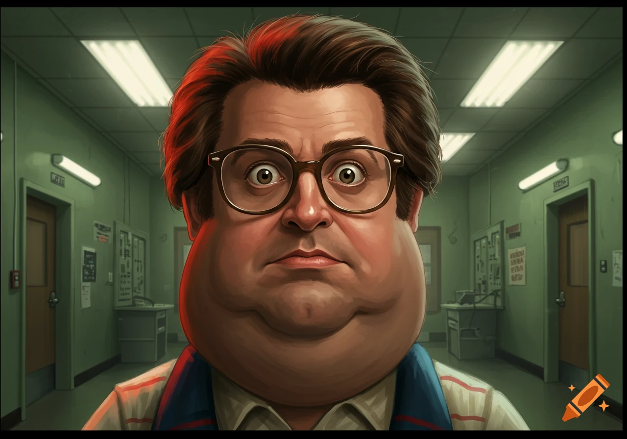 A stylized, exaggerated caricature of Murray Bauman from Stranger Things, a man with glasses and a large, puffy face, staring wide-eyed at the viewer in a green-walled hallway.