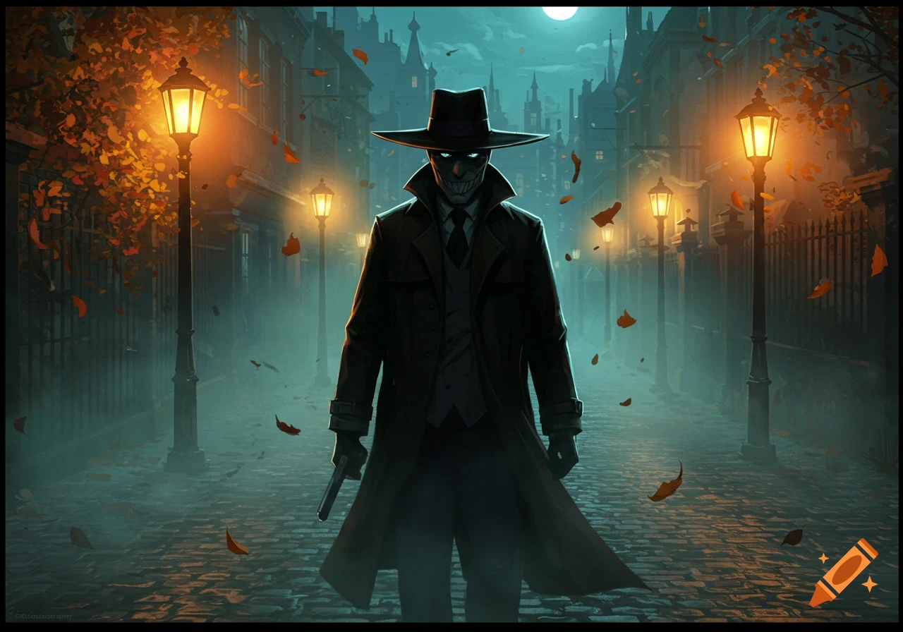 A mysterious figure in a fedora and trench coat, with glowing blue eyes and an eerie smile, stands on a foggy, gaslit street at night.