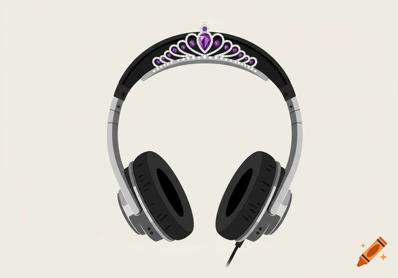 Illustration of headphones with a tiara as the headband, featuring purple gems and silver accents.
