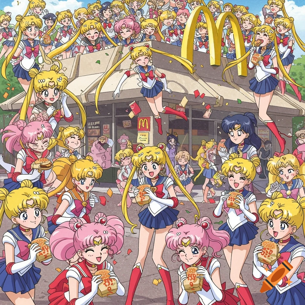 A colorful anime-style illustration of many Sailor Moon characters happily eating burgers and fries outside a McDonald's restaurant.