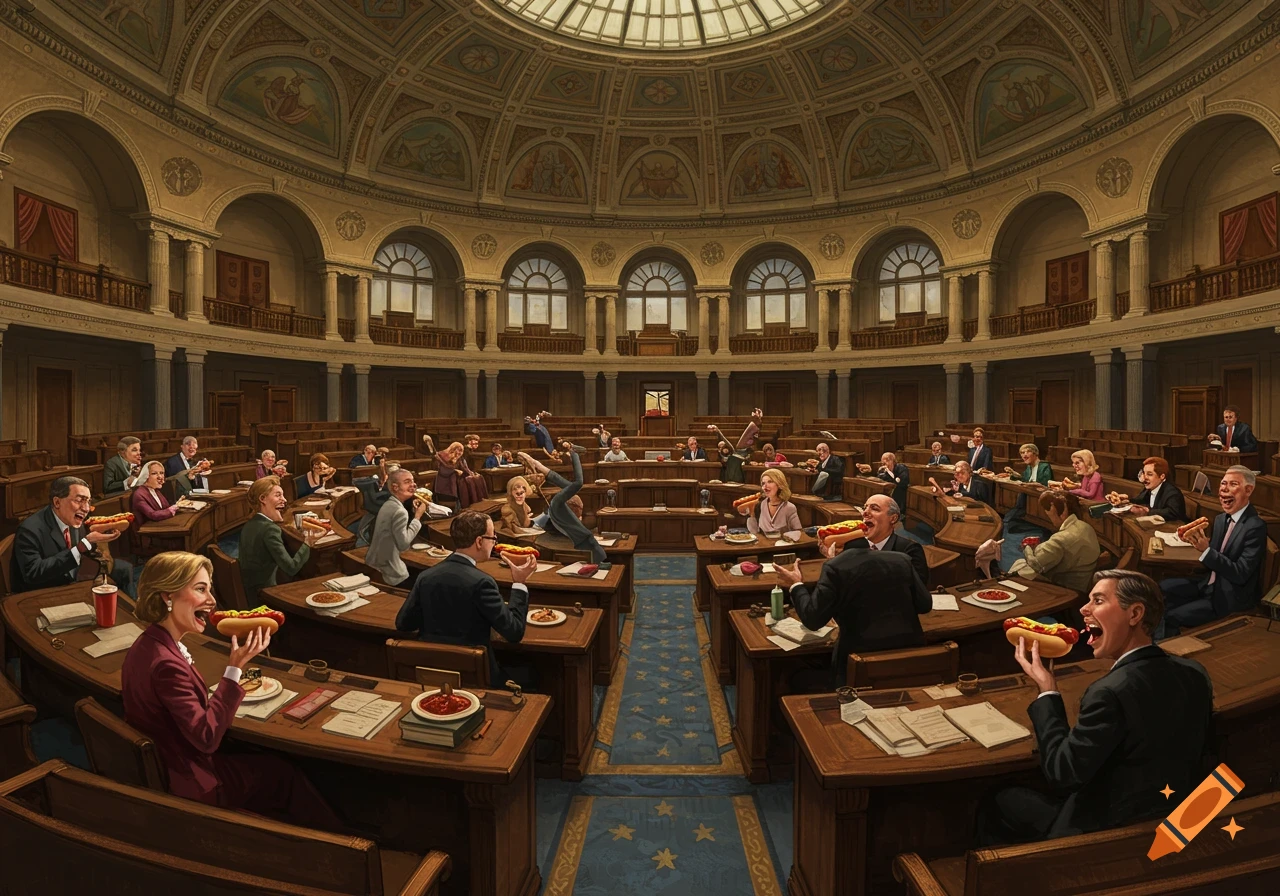 Members of the American Congress enthusiastically eat hotdogs in a grand legislative chamber, some with comically exaggerated reactions.
