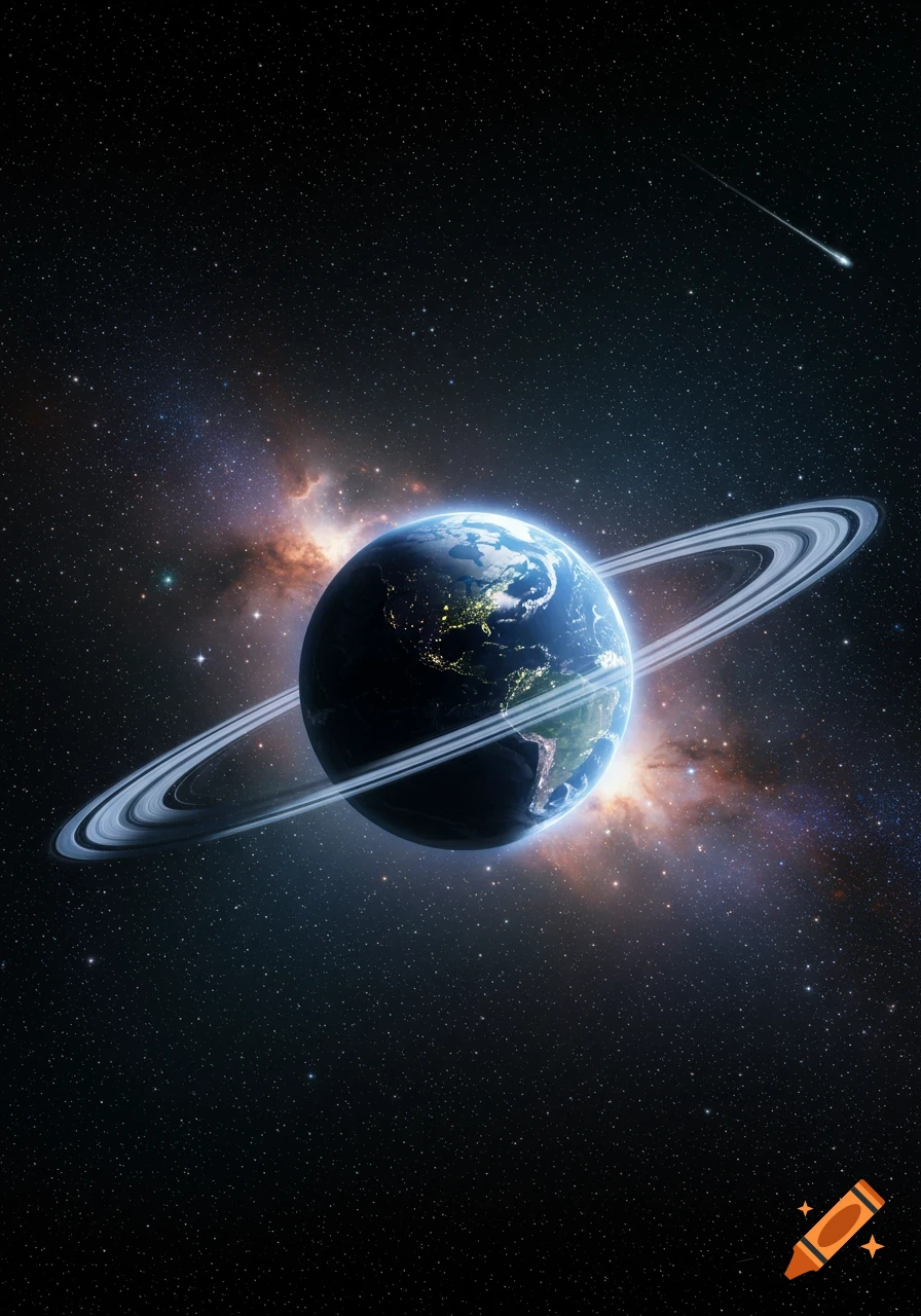 Earth with Saturn-like rings in space, with visible city lights and a shooting star against a nebula background.