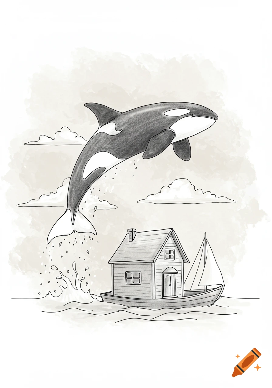 A black and white line drawing of an orca jumping over a house on a boat,  with clouds in the background. on Craiyon, image size:896x1280