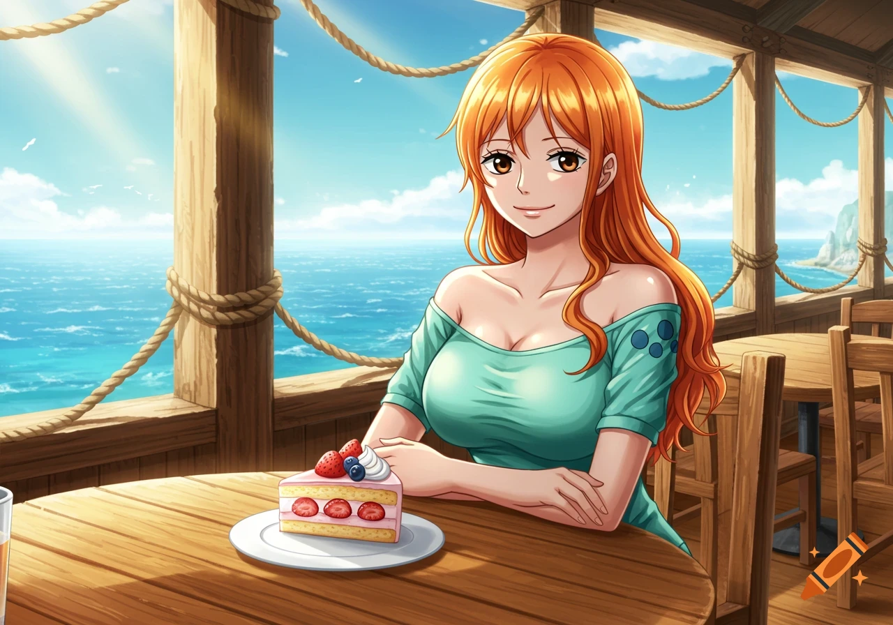 Anime character Nami from One Piece sits at a wooden table with a slice of cake, smiling in an open-air cafe overlooking a blue ocean.