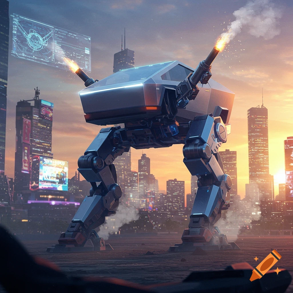 A large, imposing robot with Tesla Cybertruck design elements stands in a futuristic city at sunset, with smoke and sparks emanating from its weapon.