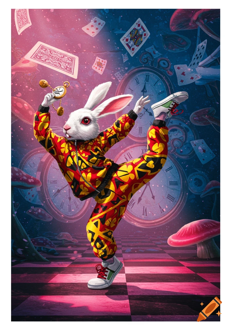 A white rabbit in a colorful tracksuit breakdances on a checkerboard floor, surrounded by clocks, playing cards, and mushrooms.