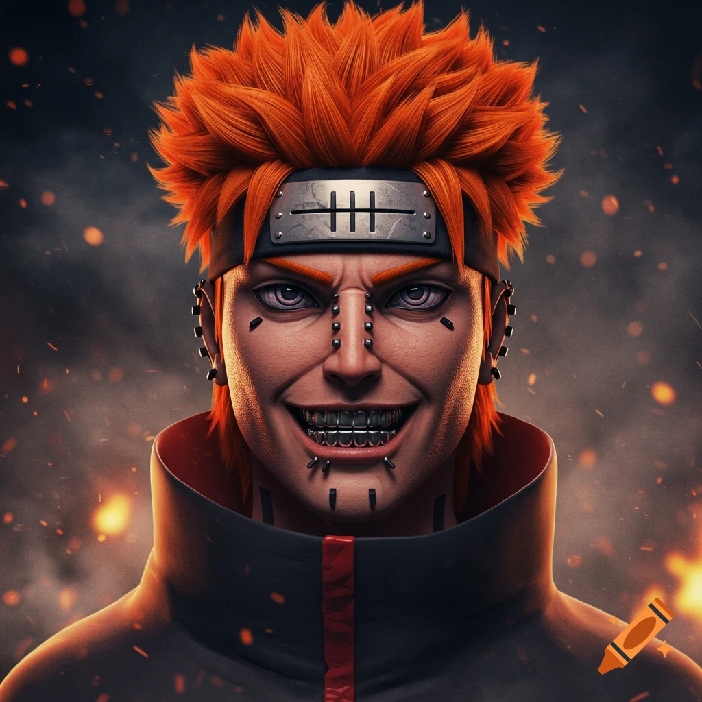 Close-up of an anime character resembling Pain from Naruto with spiky orange hair, piercings, a wide smile with a grill, and a headband, against a dramatic fiery background.