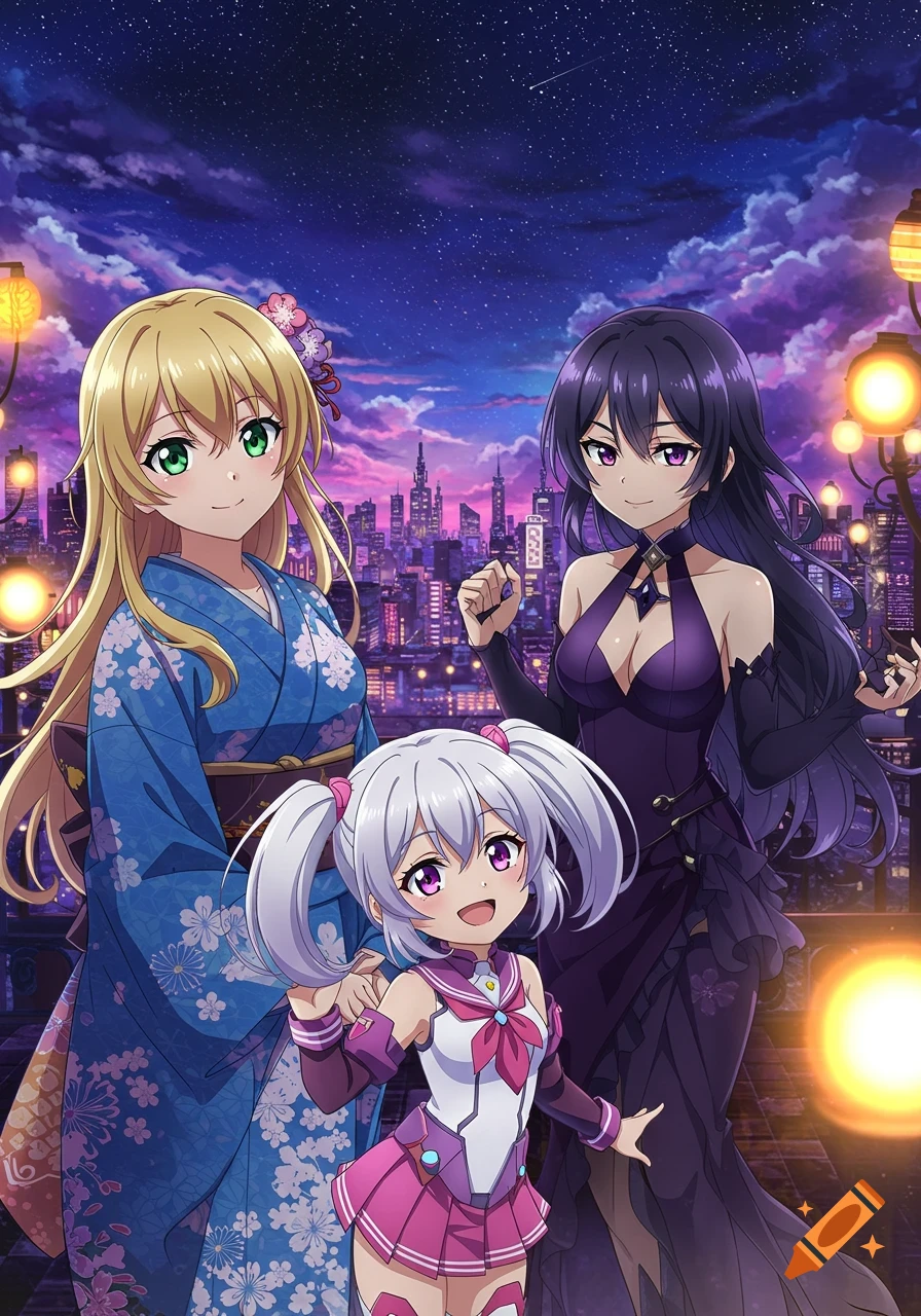 Three anime girls, one in a blue kimono, one in a dark dress, and one in a pink uniform, stand before a night city skyline.