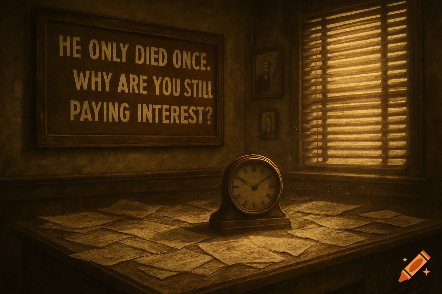 A sepia-toned vintage office scene with a sign that reads 'He only died once. Why are you still paying interest?' on the wall.