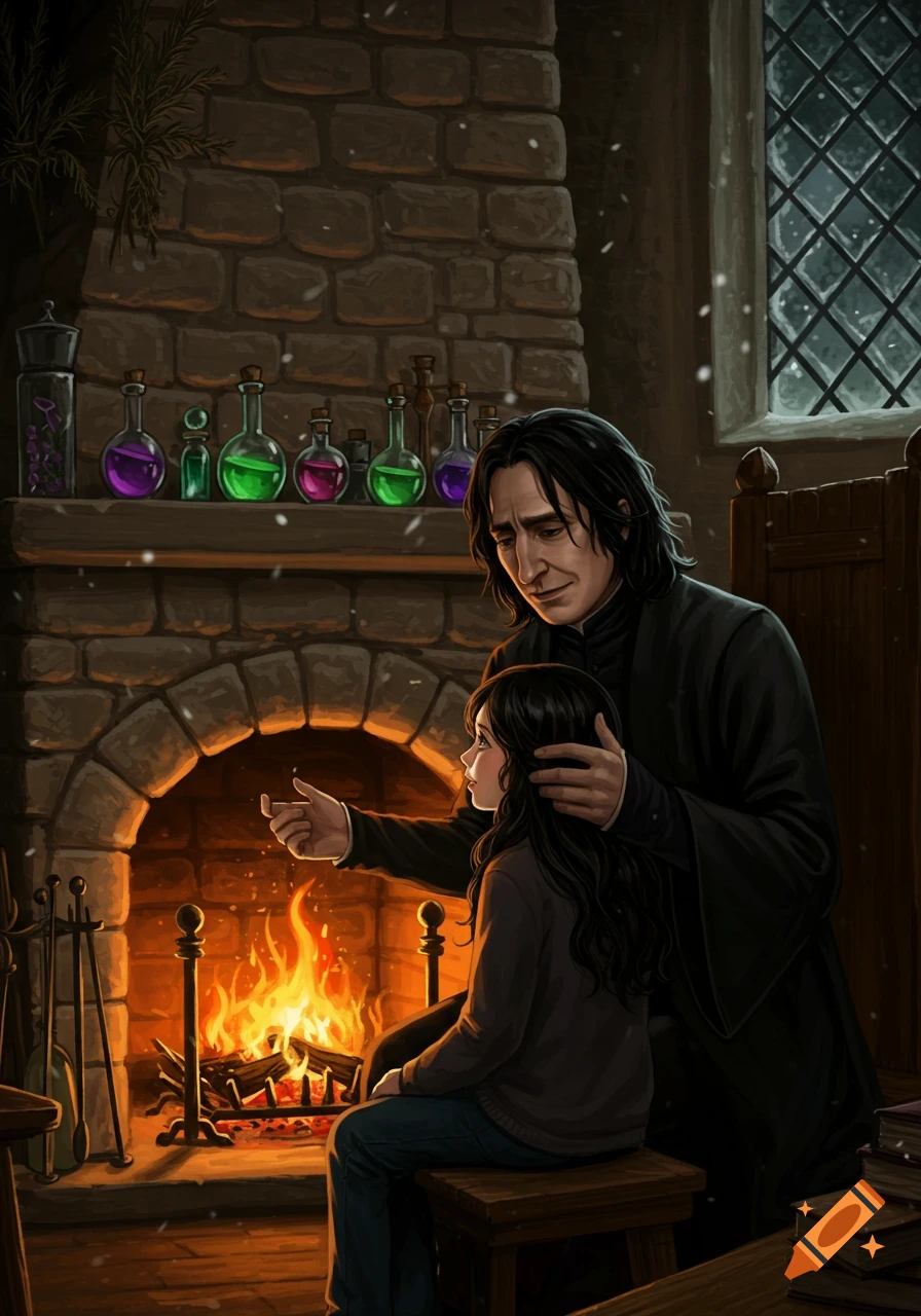 A man resembling Snape and a young girl sit by a warm stone fireplace, with colorful potions on the mantel.