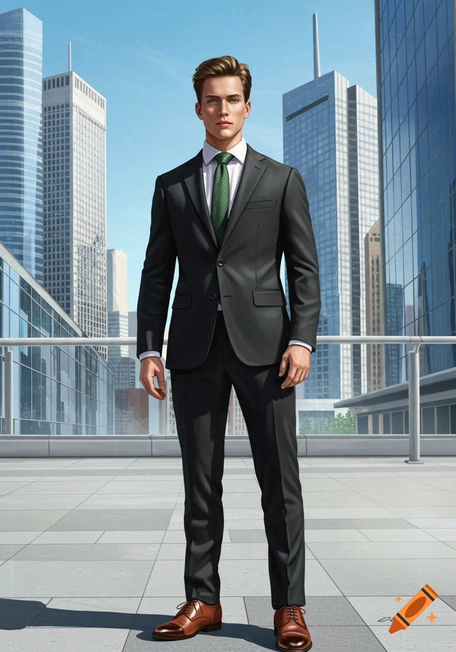 A young man in a black suit and green tie stands on a rooftop plaza with modern skyscrapers under a clear blue sky. Photorealistic.