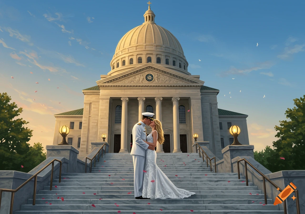 A naval officer and his blonde bride kiss on rose-strewn steps of a grand domed chapel at sunset, painted style.