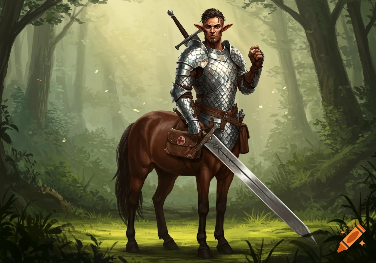 A centaur in scale armor with a greatsword and a doctor's bag stands in a misty forest.