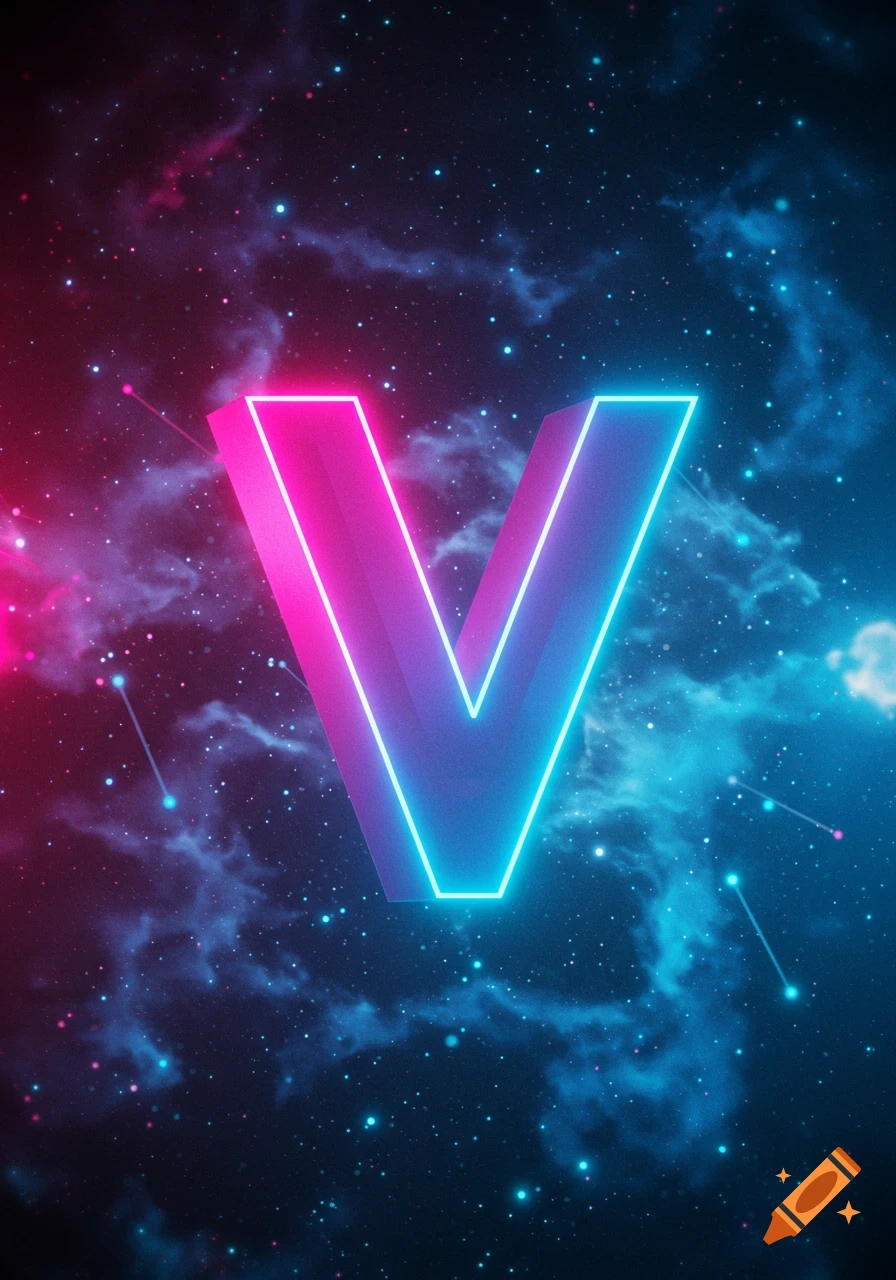 A glowing, neon letter 'V' in magenta and blue stands against a dark starry sky with cosmic clouds.
