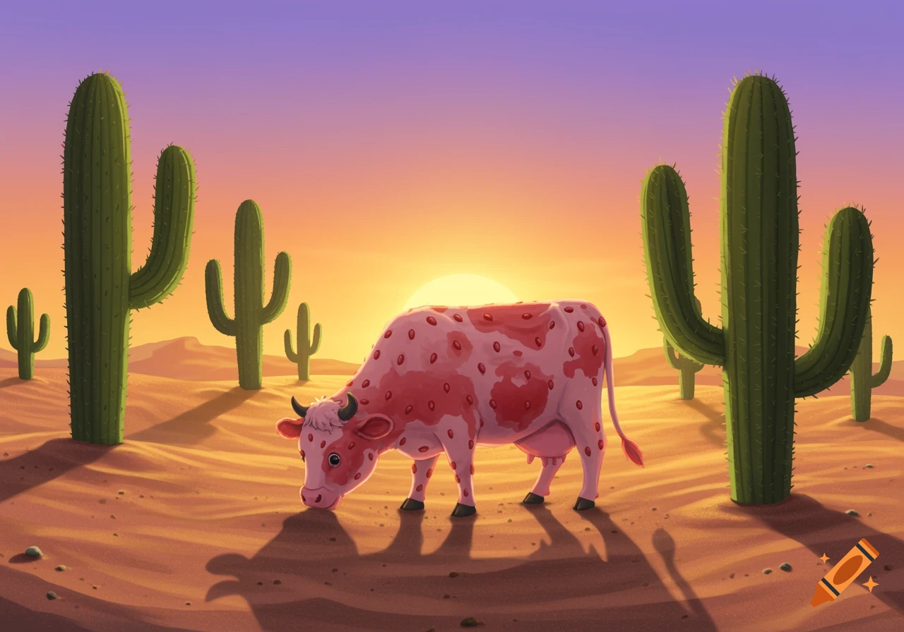 An illustrated strawberry cow bends down in a desert landscape filled with saguaro cacti under a sunset sky.