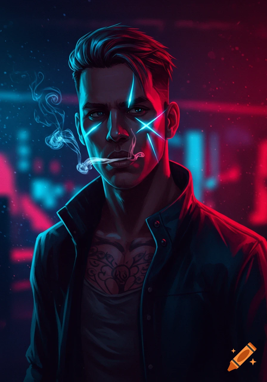 A portrait of a man with glowing blue lines on his face, smoking a cigarette, against a neon-lit city background in a digital art style.