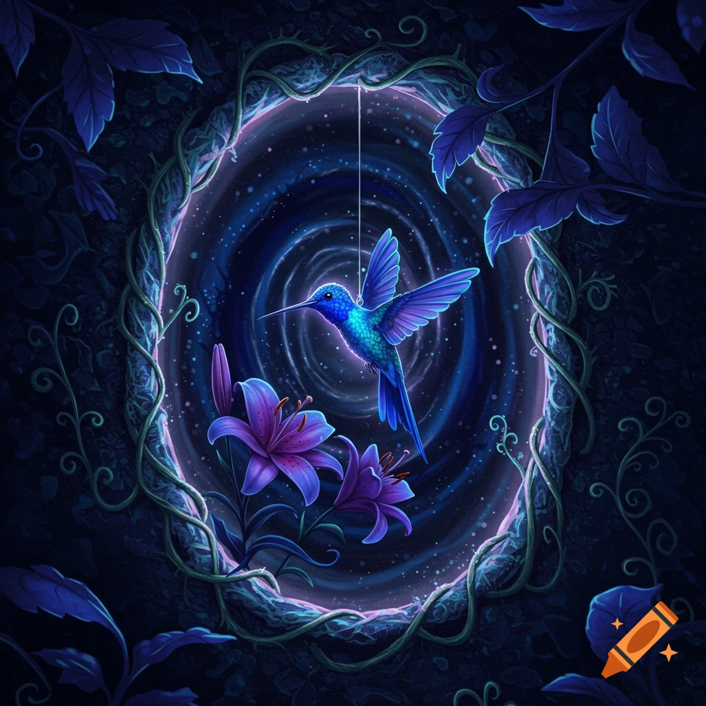 A vibrant blue hummingbird floats within a glowing purple portal, surrounded by purple lilies and dark blue foliage.