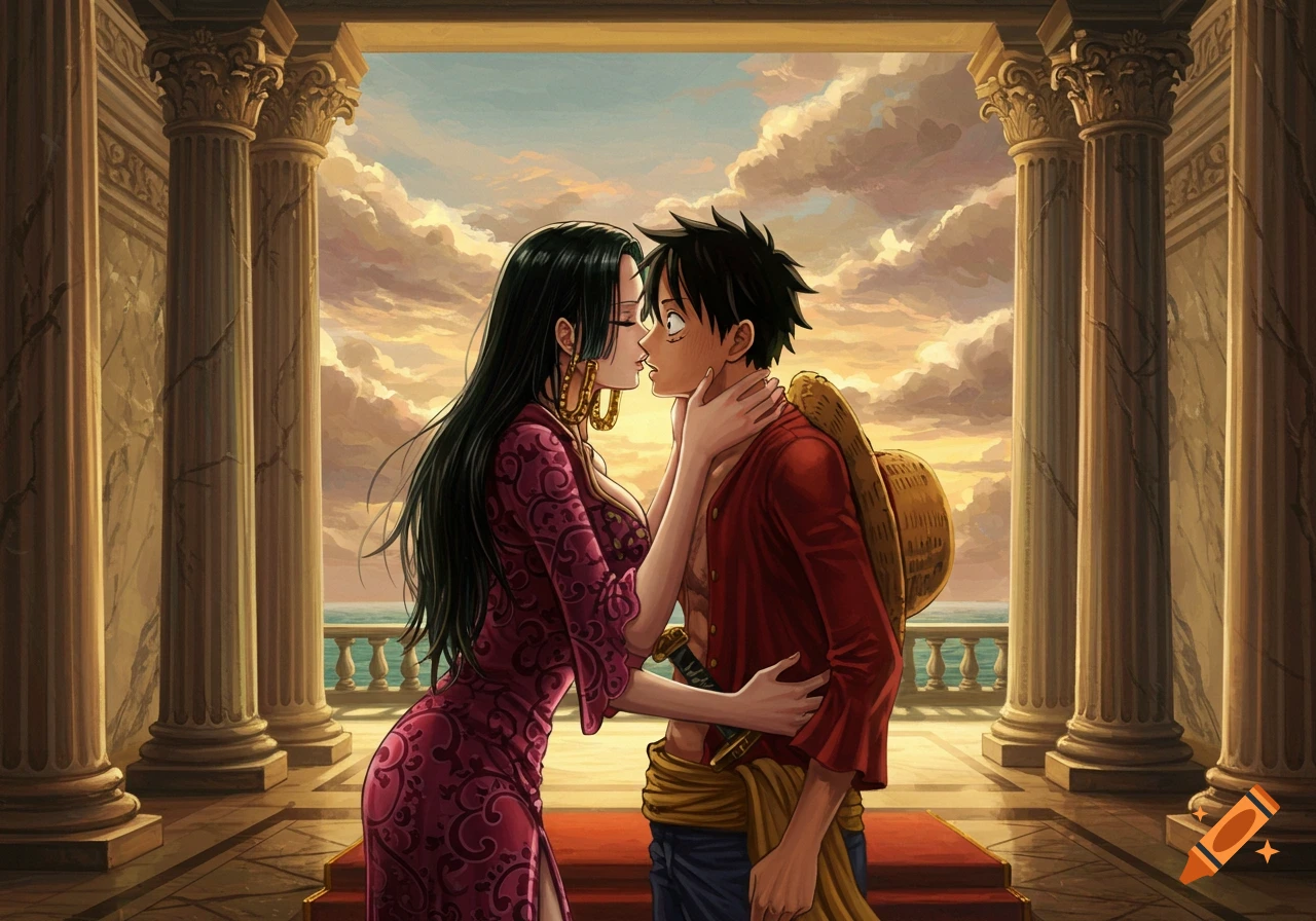 Boa Hancock kisses Luffy in a grand palace hall with columns overlooking a sunset sky, in an anime/Renaissance painting style.