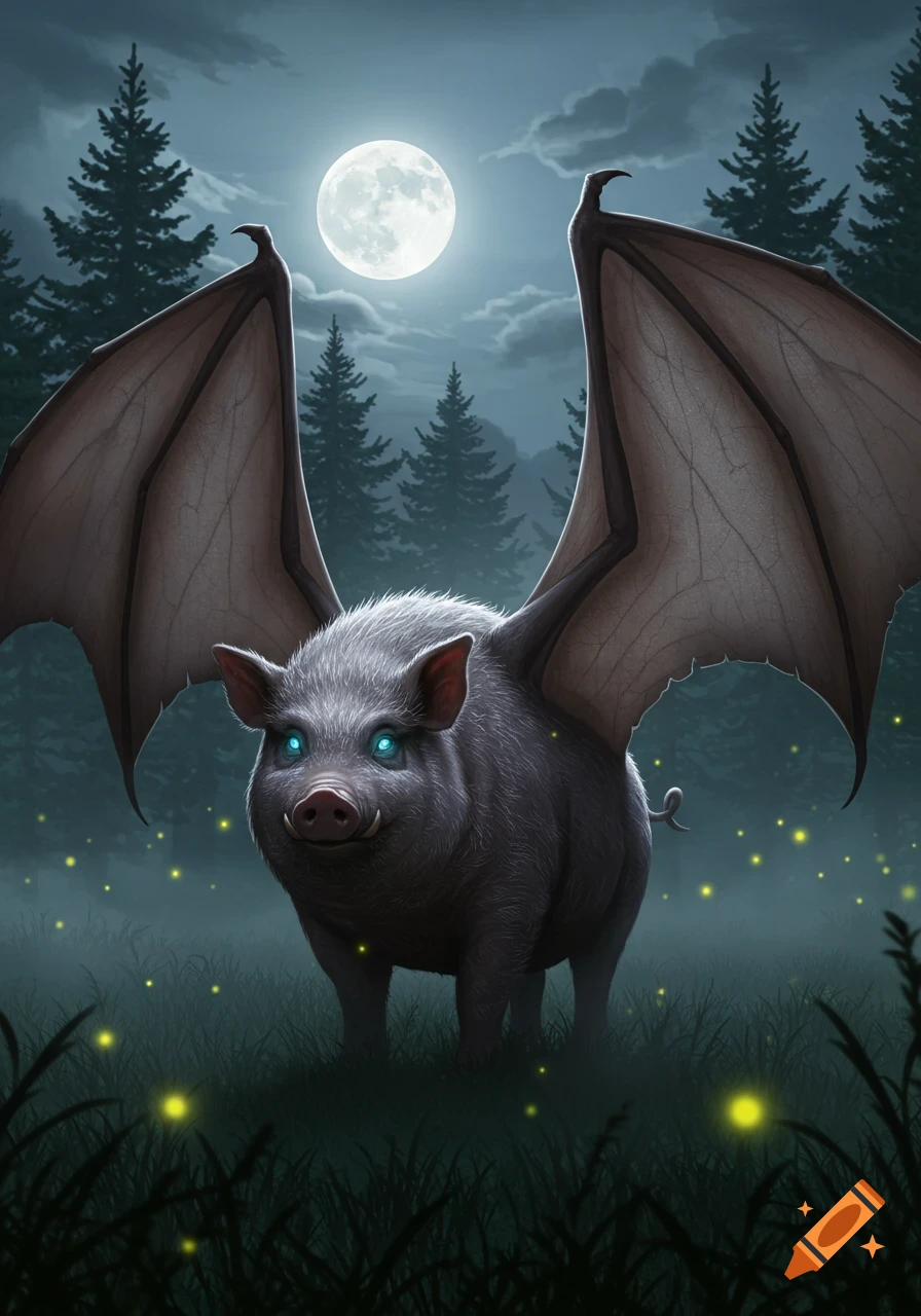 A furry, gray pig with large bat wings and glowing blue eyes stands in a dark, moonlit forest with fireflies.